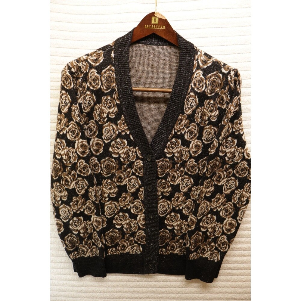 Vtg 90s GLAM SZ L Cliche Metallic Black Gold Roses Floral Sweater Pullover
